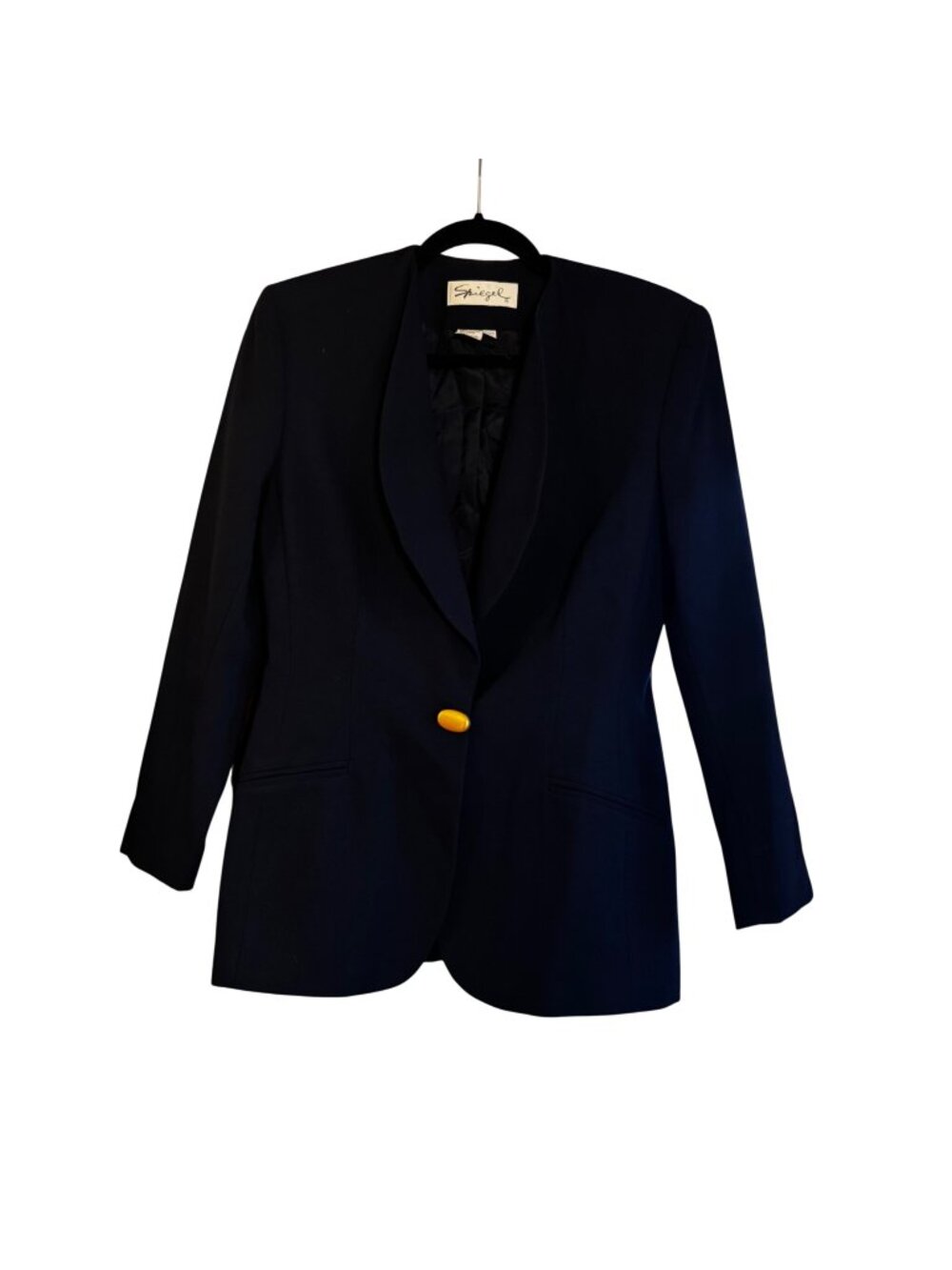 Vintage Spiegel Black Petite Blazer With Yellow Button Size 6 Polyester Blend